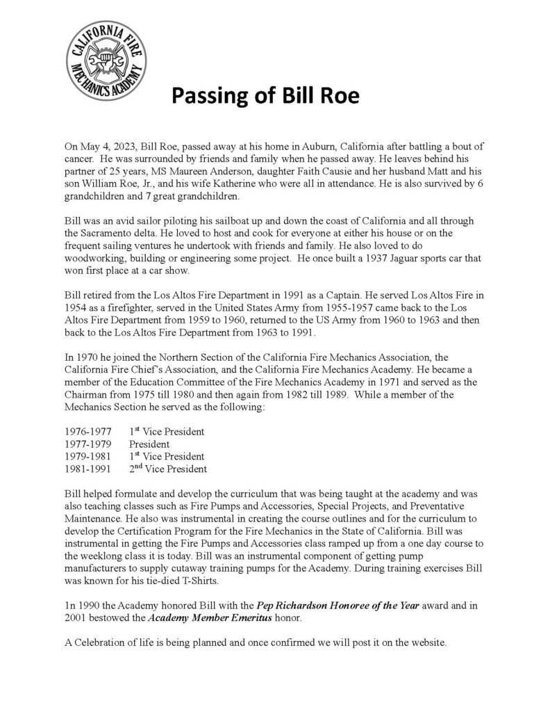 Bill Roe Information for posting on CFMA Web page